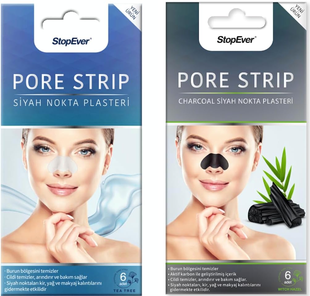 Pore Strip Siyah Nokta Bandı – 2'li Paket (Charcoal + Tea Tree) | Siyah Nokta Karşıtı | Gözenek Temizleyici | Aktif Karbon & Çay Ağacı Özlü | 12 Adet