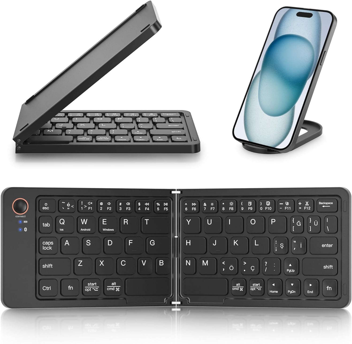 Katlanabilir Kablosuz Bluetooth Klavye, 67 Tuş Makas Mekanizmalı, iOS Android Windows Uyumlu, USB-C Şarjlı, 150 mAh Batarya, 10 m Menzil, Çift Katlanır Taşınabilir Tasarım | (B028 Siyah)