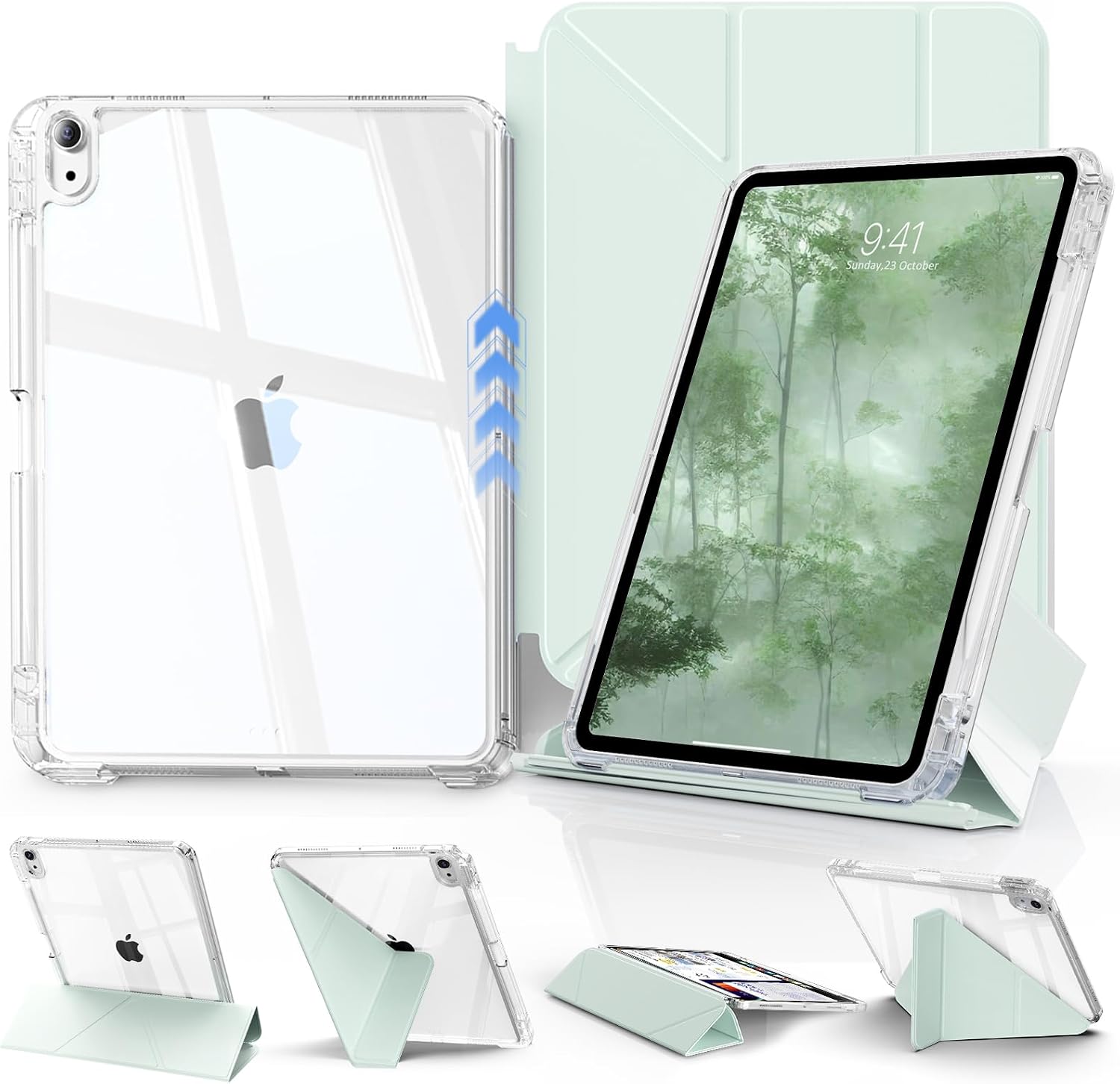 iPad (A16) 11./10. Nesil 8+ Görüş Açısına Sahip Kılıf, Kendin Yap Çıkarılabilir Sürgülü Kapak, Tamamen Şeffaf Sert Arka Kabuk, Katı Y-Katlanır Stand, iPad 10,9 inç (2022)/ 11" (2025)-Yeşil-1