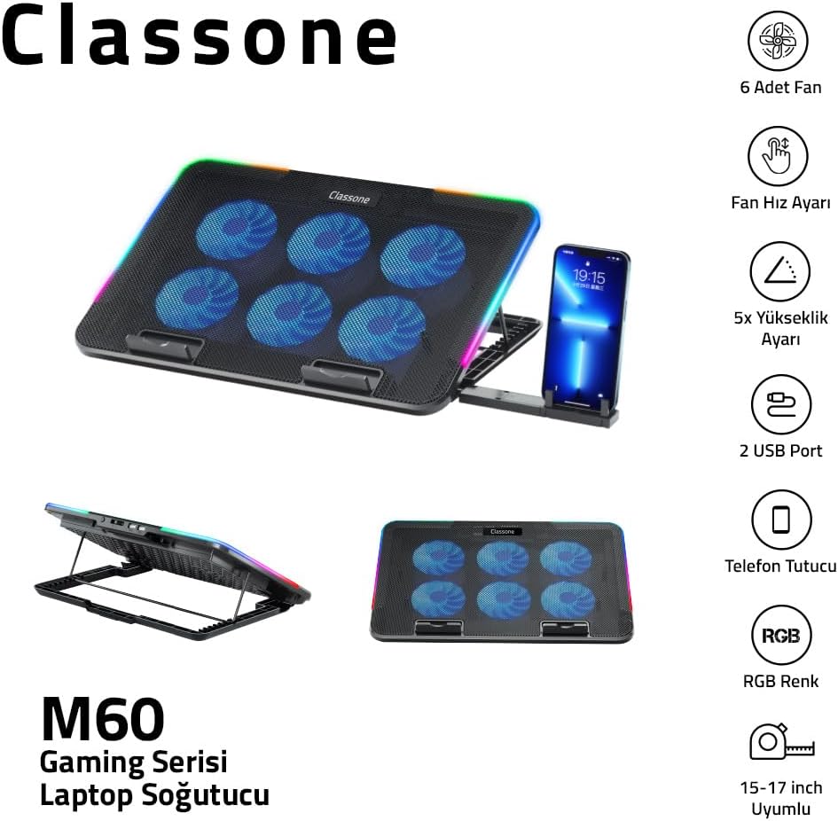 Classone Gaming M60 Laptop Soğutucu, 2500 RPM,10 RGB ışık kontrolü, 15.6-17 inch, Hız kontrolü, 6 Büyük fan,Telefon standı, 2 USB