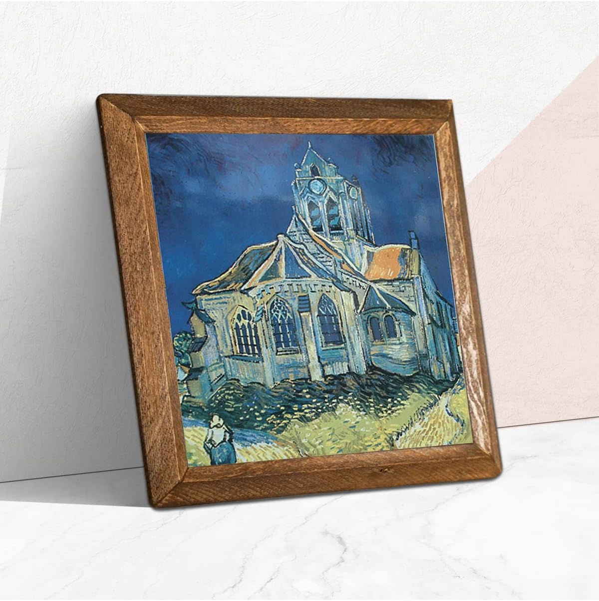 Pinecone Vincent van Gogh Auvers'deki Kilise Taş Duvar Tablosu - Ahşap Çerçeveli Taş Tablo - 25x25 cm - Dekoratif Duvar Sanatı - Modern Ev ve Ofis Duvar Dekoru W1-289
