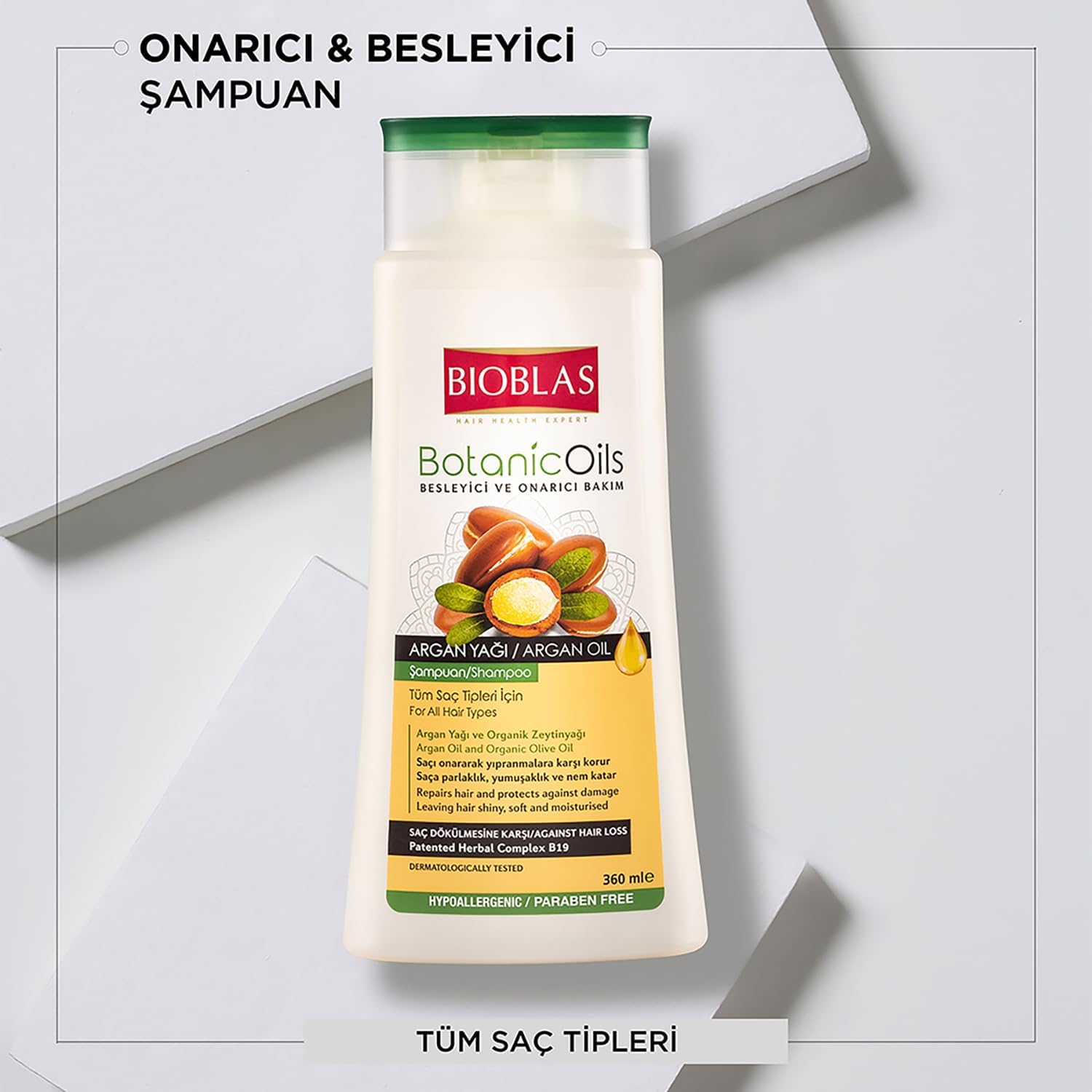 Saç Dökülmesine Karşı Bitkisel Şampuan – Argan & Zeytinyağı İçerikli, Biocomplex B19, Parlaklık ve Onarım Sağlayan Şampuan, 360 ml