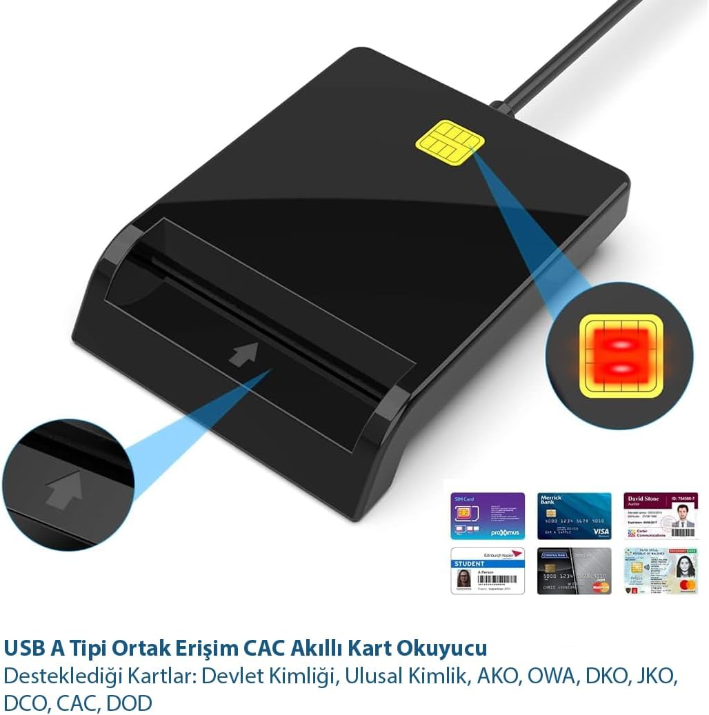 USB-A CAC Akıllı Kart Okuyucu, SIM ve Kimlik Kartı Destekli