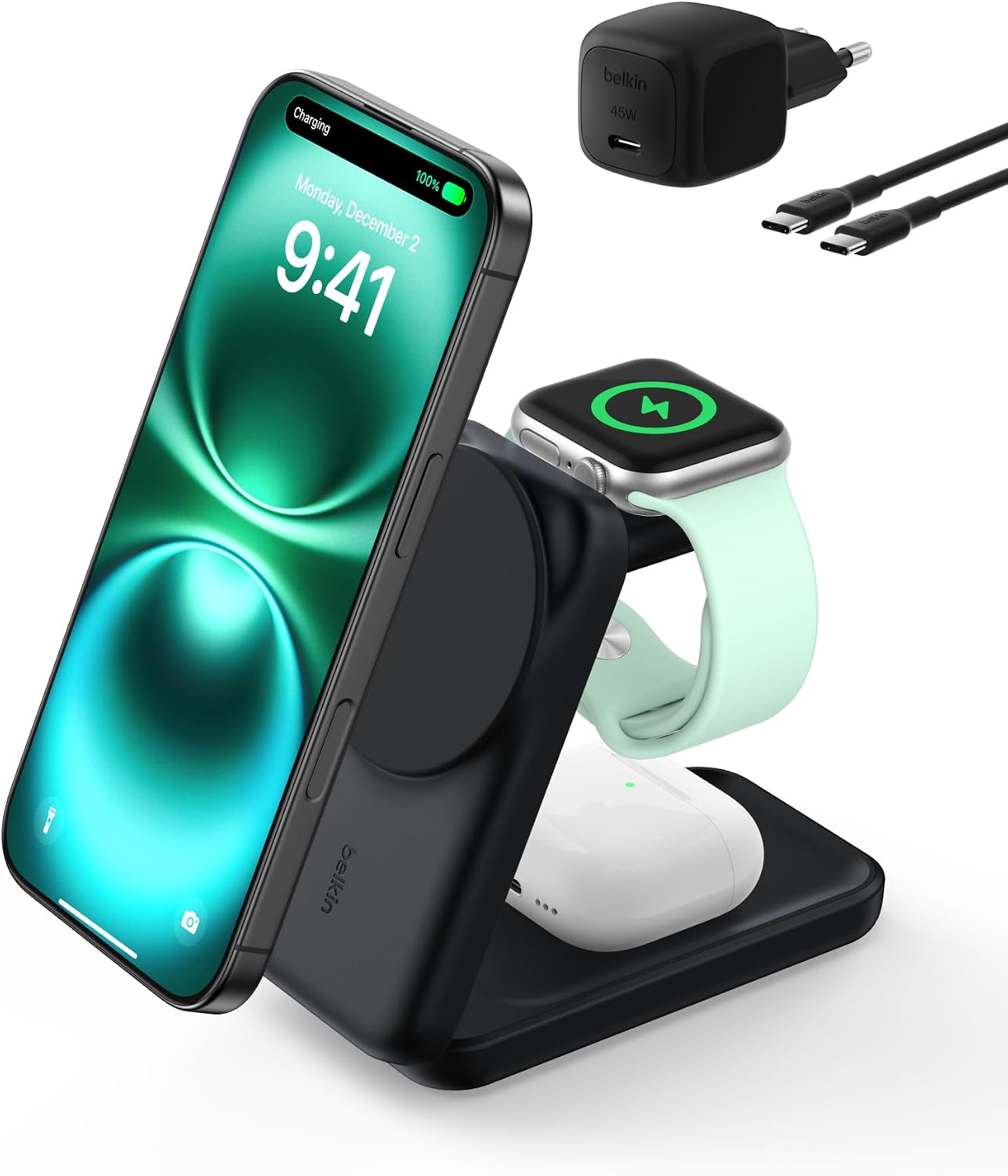 UltraCharge MagSafe Uyumlu 3’ü 1 Arada Qi2 25W Kablosuz Şarj Cihazı, iPhone 17, Apple Watch, AirPods, Pixelsnap, Dönüştürülebilir Masaüstü Standı, 45W Adaptör, Siyah