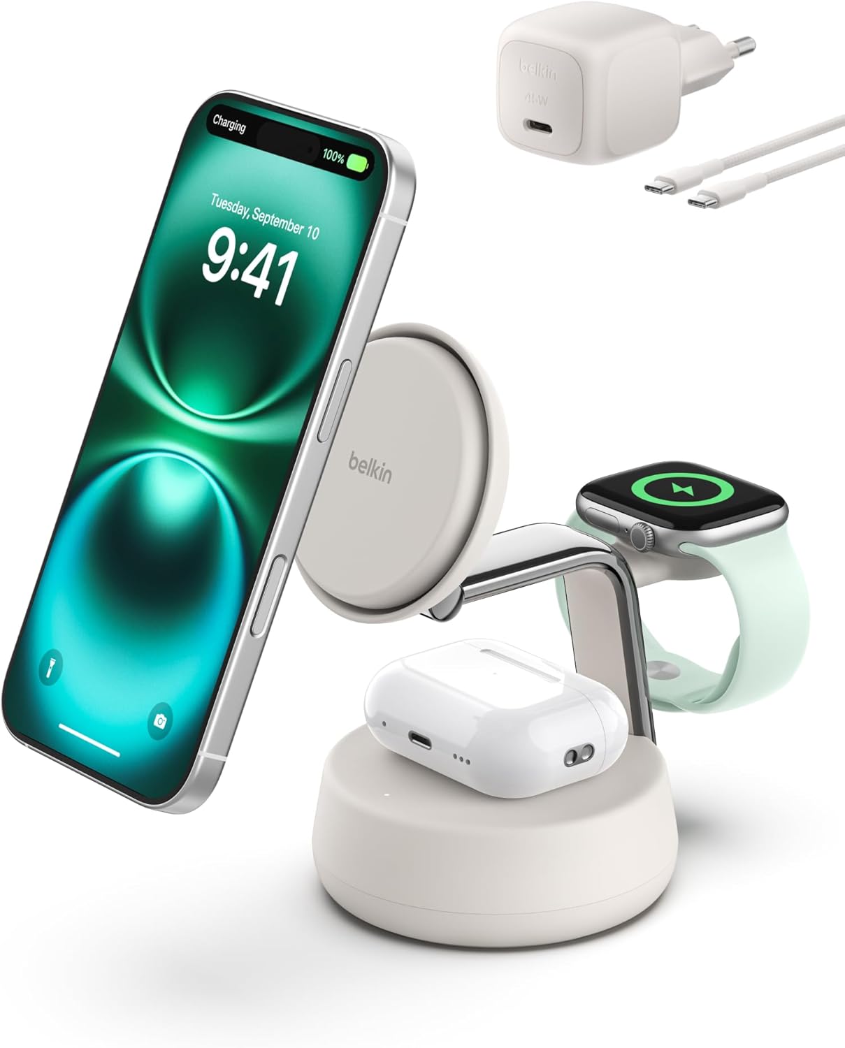 UltraCharge Pro MagSafe Uyumlu 3’ü 1 Arada Qi2 25W Kablosuz Şarj Cihazı, iPhone 17, Apple Watch, AirPods, Pixelsnap, Seyahat ve Masaüstü Standı, 45W Adaptör, Kum Rengi