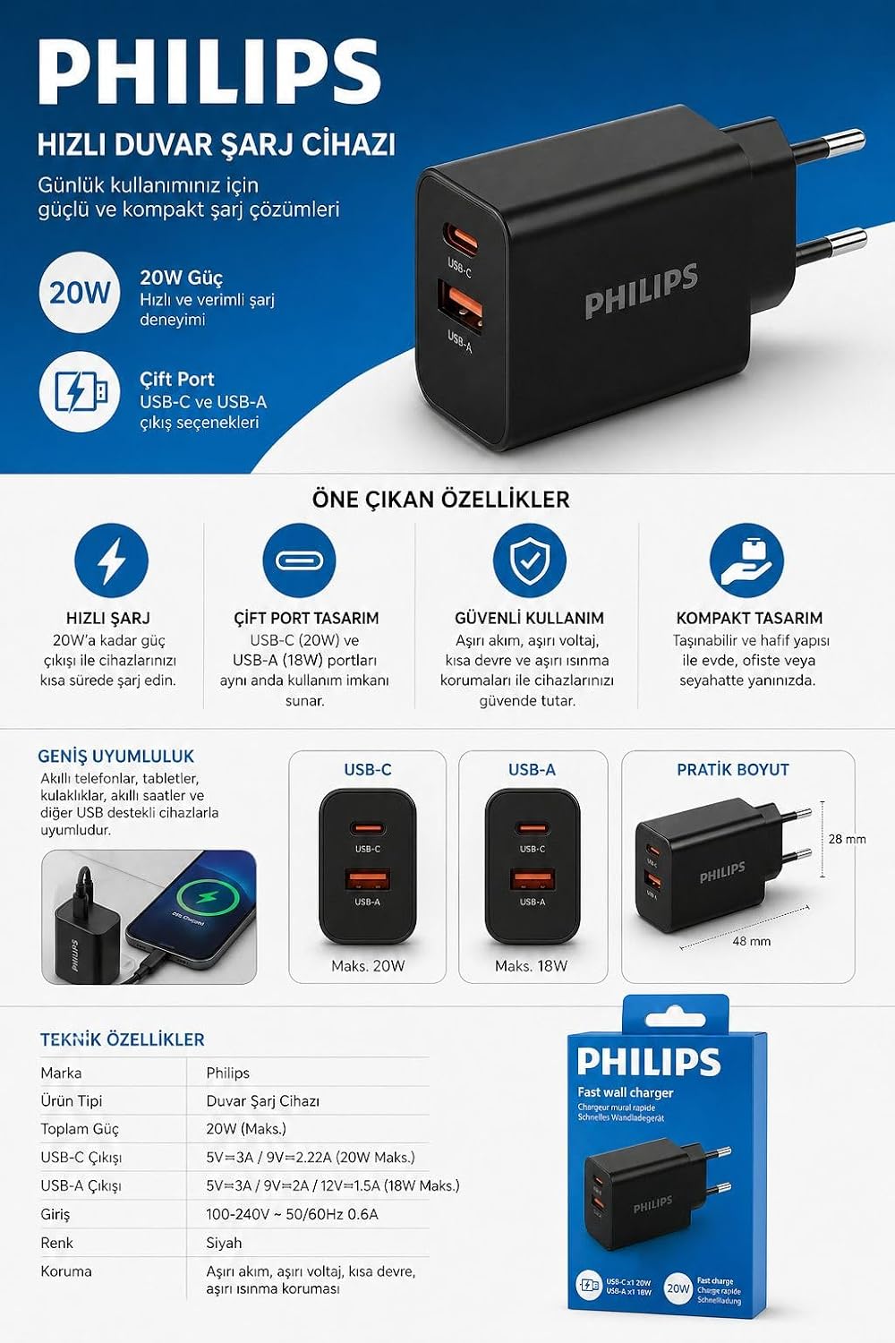 DLP4325AB/12 1*USB C 20W-1*USB A 18W Siyah Şarj Adaptörü