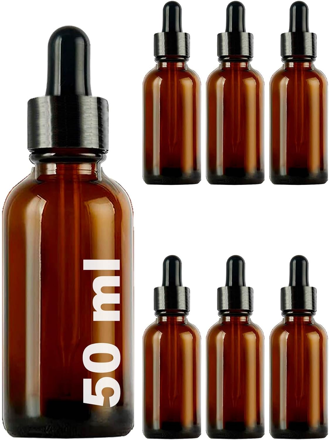 50 ml Metal Kapaklı Damlalık Dropper Şişesi Serum 50 cc Cam Şişe 6 Adet (Siyah Kapak, Amber/Kahverengi)