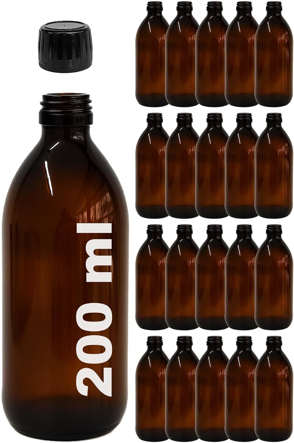 Amber Ecza Şişesi, 200 ml, Kahverengi Cam, Plastik Contalı Kilit Kapak, Hava ve Sıvı Sızdırmaz, 28mm Ağız Çaplı, Parfüm Demlemek İçin Uygun, 20 Adet (200 ml, Siyah Kapak)