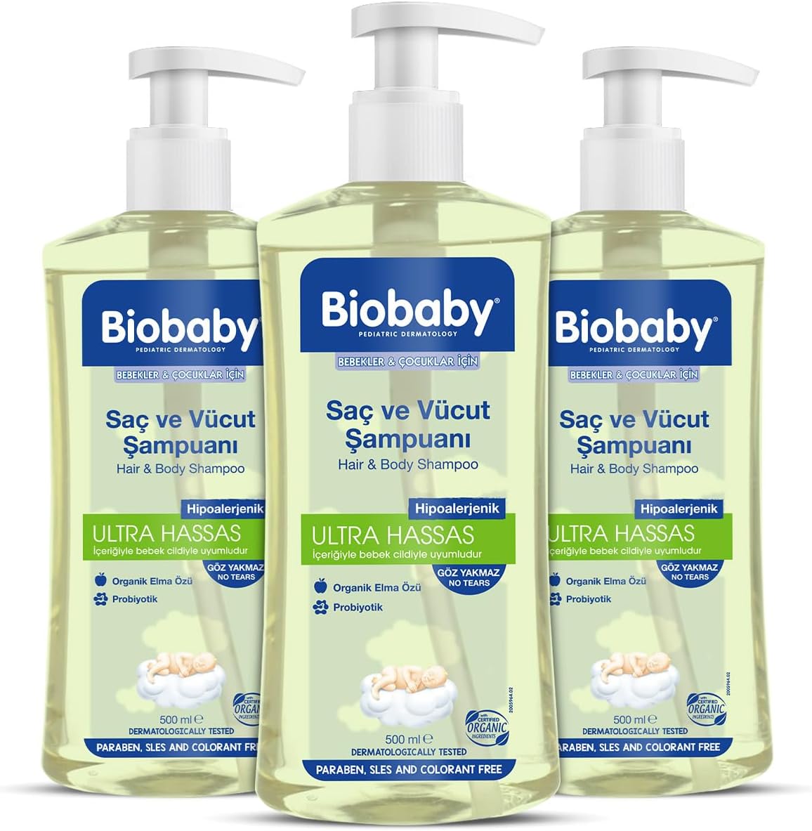 Ultra Hassas Bebek Şampuanı – Saç ve Vücut İçin, Organik Elma Özlü-3’lü Set (500 ml x 3)