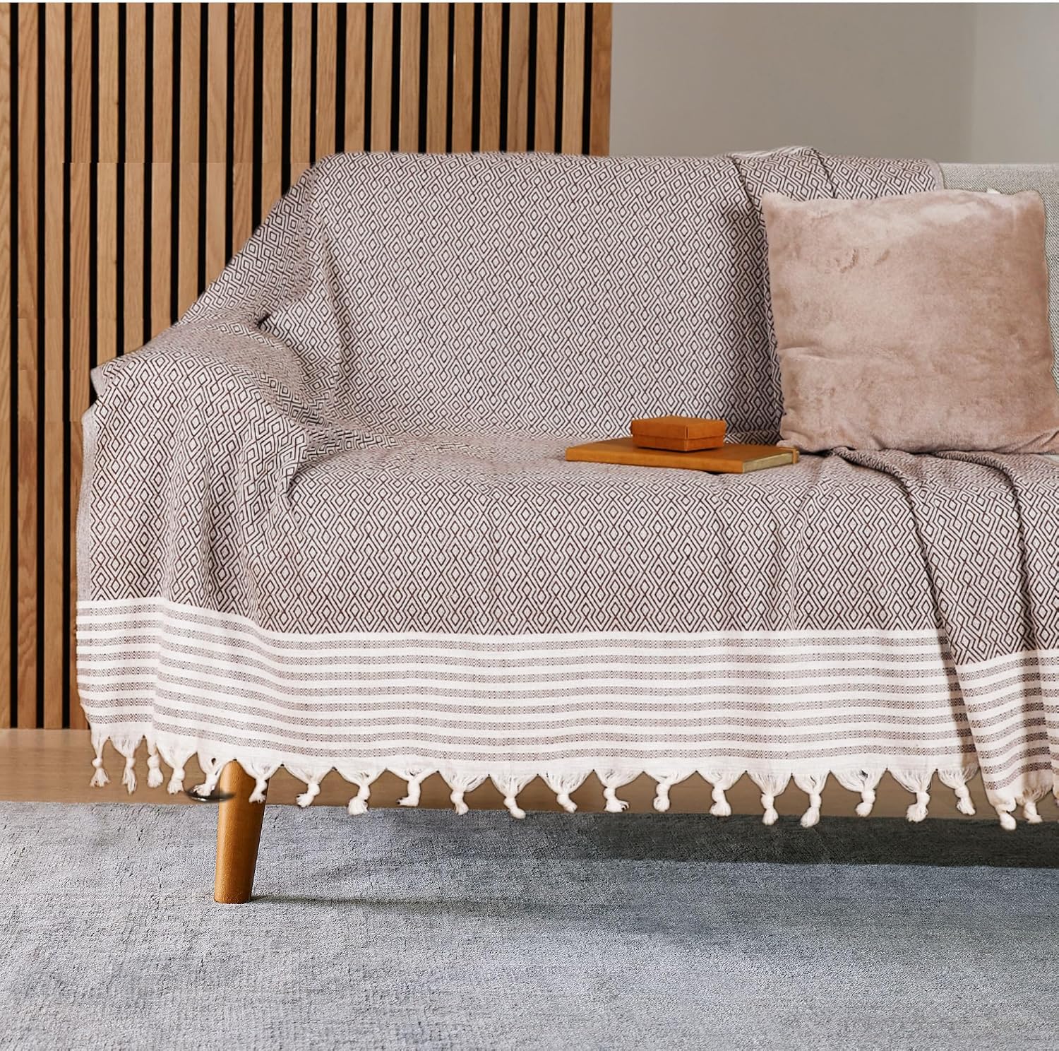 Buldan İşi Kaymaz Pamuklu Koltuk Örtüsü 170x210 Cm Koltuk Şalı Çekyat Kanepe Örtüsü (Kahverengi)