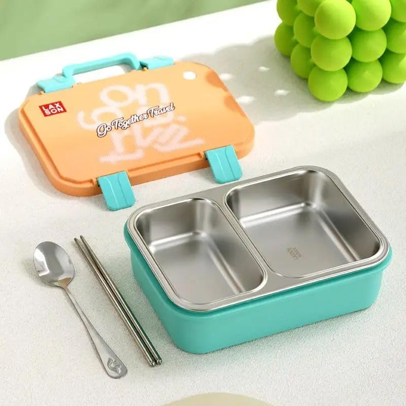 Beslenme Kutusu Paslanmaz Çelik - 700 ml 2 Bölmeli Taşıma Kulplu Çocuk Beslenme Kabı (Turuncu)
