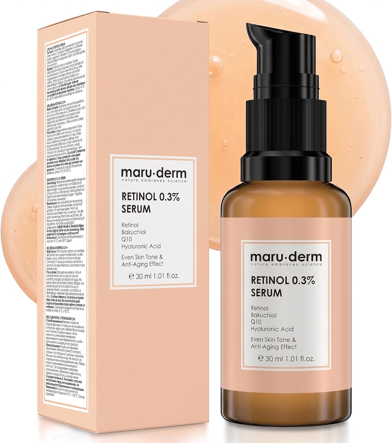 Maruderm Retinol%0.3 Su Bazlı Cilt Yenileyici Bakım Serumu – Bakuchiol, Q10 & Yeşil Çay ile İnce Çizgi Karşıtı, Aydınlatıcı Yüz Serumu, 30 ML