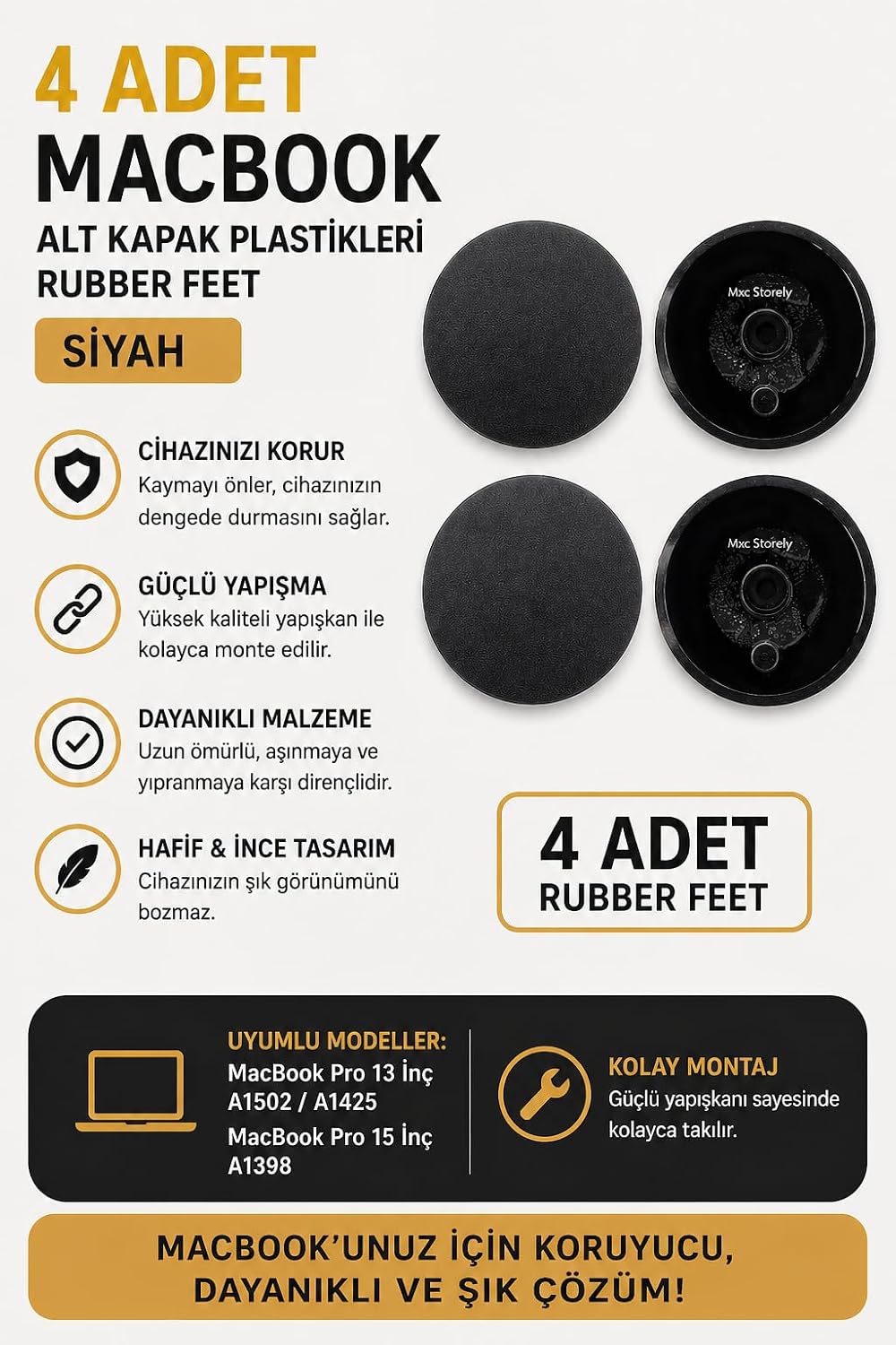 MacBook Pro A1425 A1502 A1398 uyumlu alt kapak rubber feet 4 adet kauçuk ayak seti kaydırmaz yüzey kolay montaj titreşim önleyici uzun ömürlü yedek parça Siyah