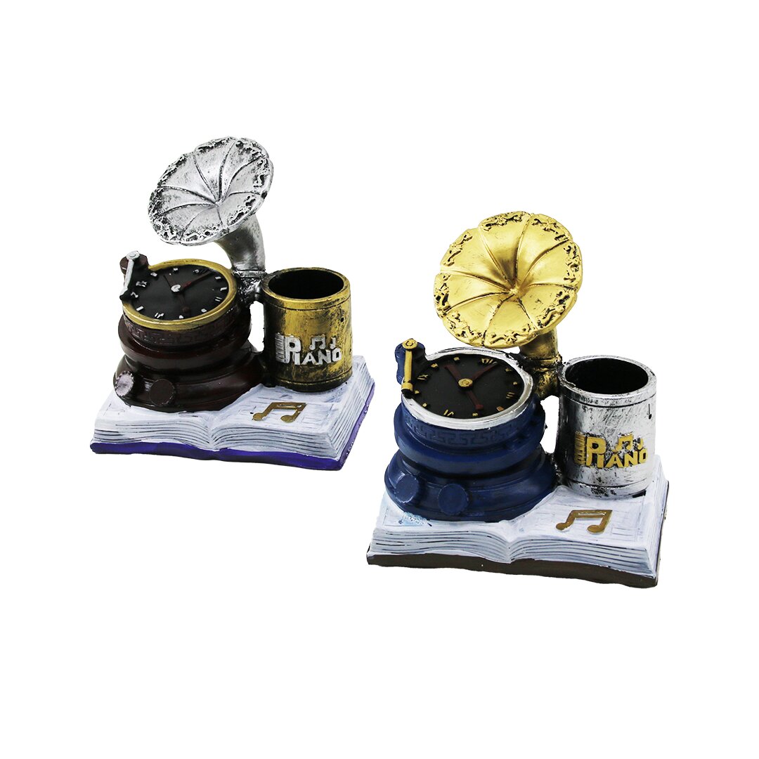 SAAT - GRAMAFON VİNTAGE DEKORATİF BİBLO - RENKLİ KALEMLİK 13X12X8.5CM REÇİNE