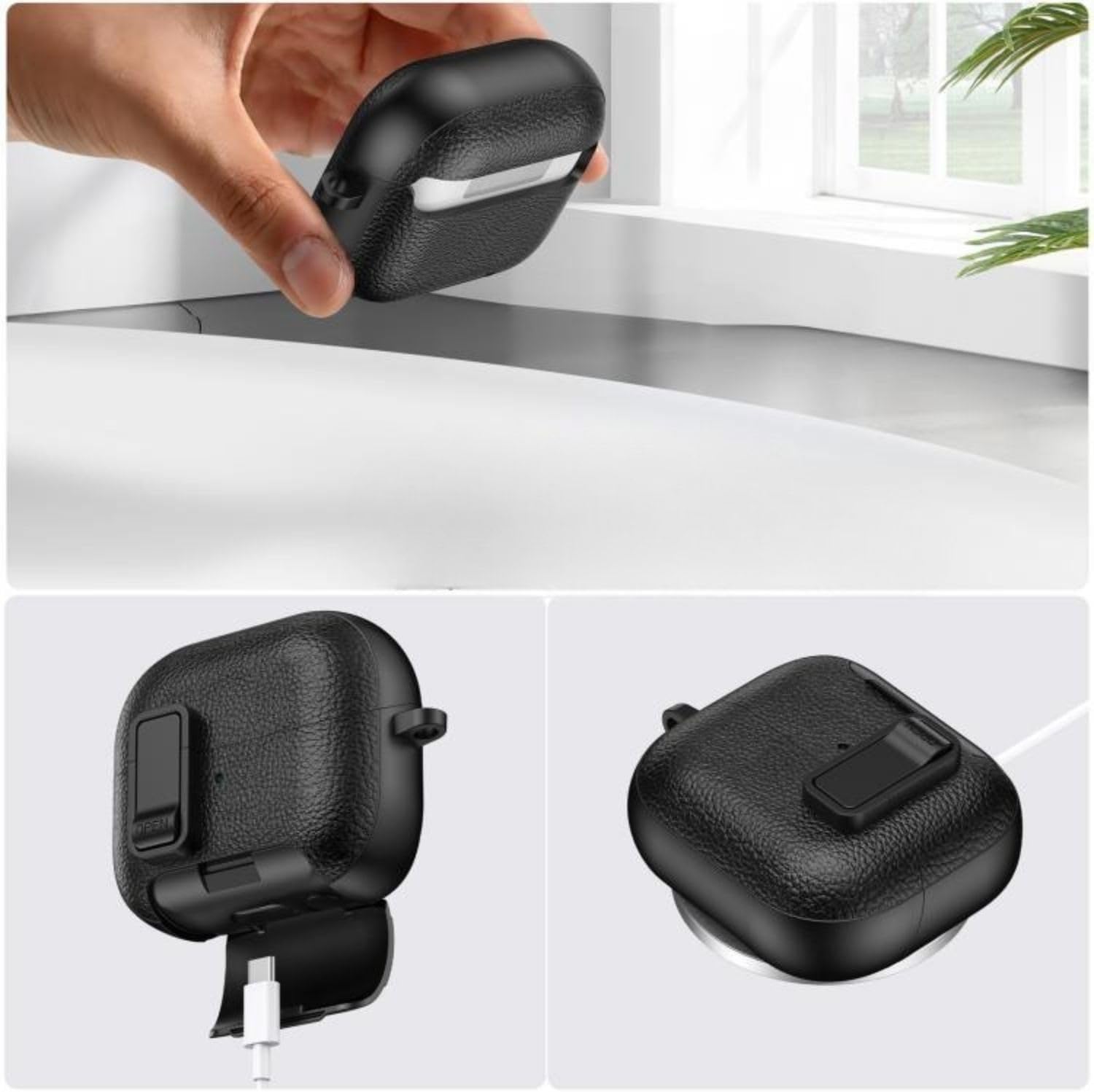 Samsung Galaxy Buds 3-Pro-3 FE için Guard-Stant Kulaklık Kılıfı Çizilme ve Darbe Önleyici Buds 3 Pro Koruyucu Rahat Tutuş Sağlayan Kilit Tasarımlı Deri Görünümlü Buds 3 Pro Kılıfı (Siyah)