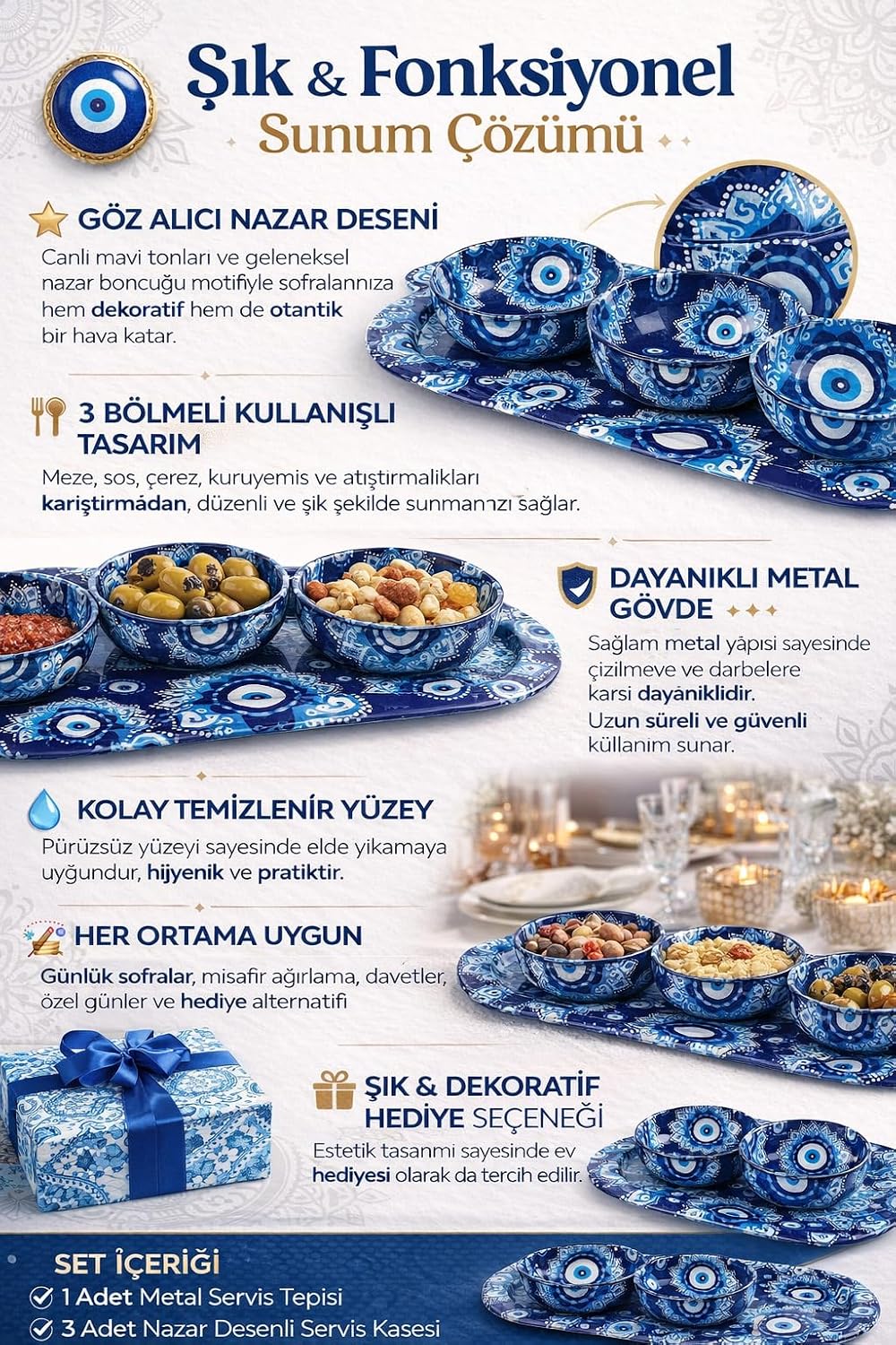 3’lü Nazar Boncuk Desenli Çerezlik ve Sosluk Seti,Metal Sunum Tepsili Mavi Desen Servis Kasesi Takımı, Atıştırmalık ve Kahvaltılık Sunum Seti