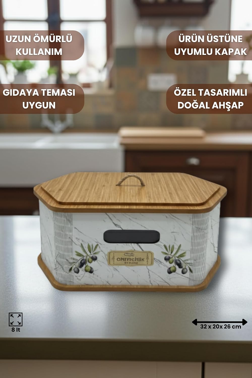 Geleneksel Tasarım Kapaklı Büyük Ekmeklik Altıgen Ahşap Ekmek Sepeti Mermer Desenli
