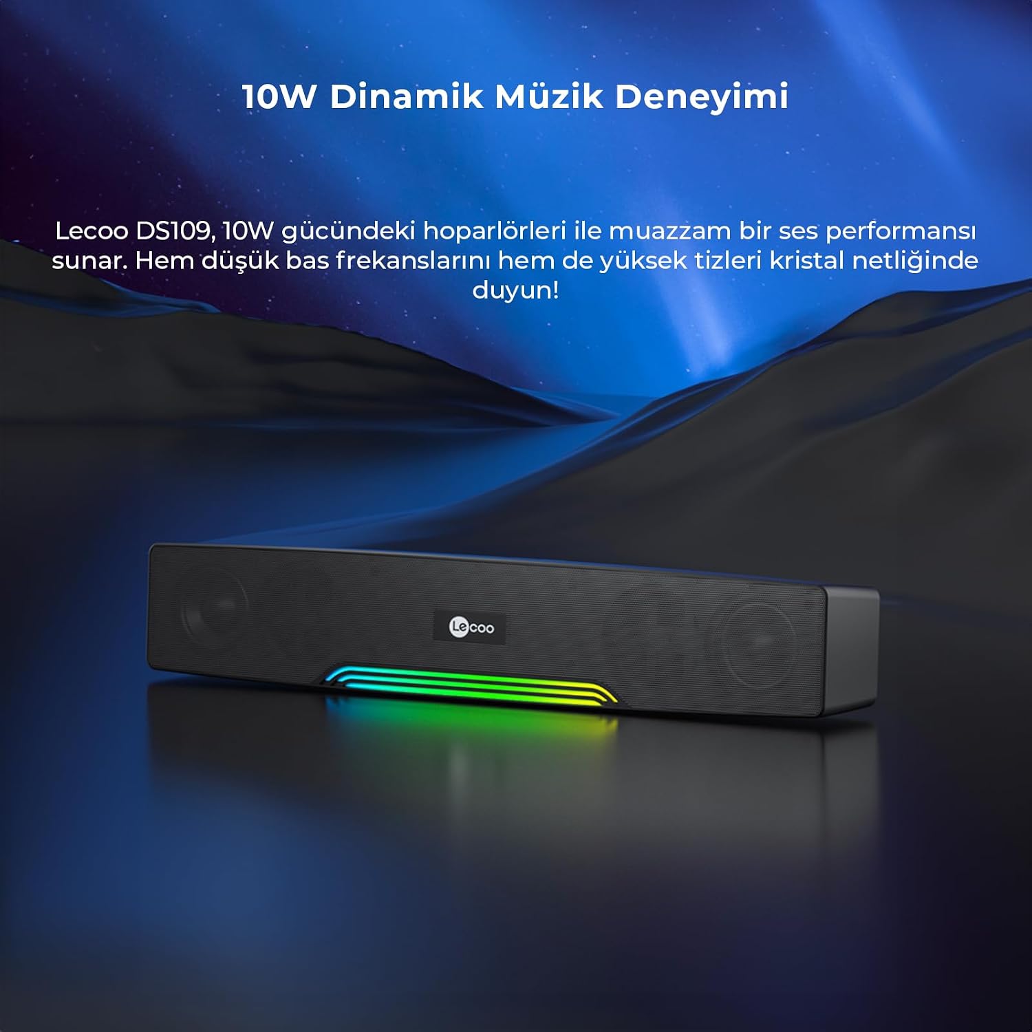 DS109 10W Bluetooth Kablosuz RGB Aydınlatmalı Hoparlör - Masaüstü, PC, TV, Laptop Uyumlu, USB/SD Kart/AUX Girişi, 360° Surround Ses, Mikrofonlu Taşınabilir Soundbar Siyah