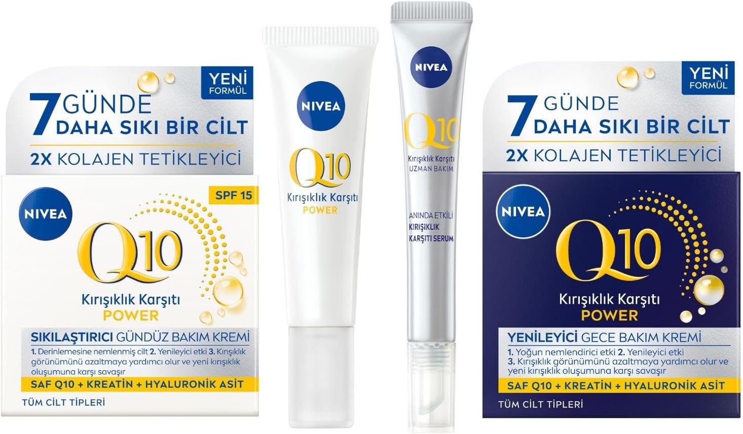 Q10 4 Adımlı Kırışıklık Karşıtı Bakım Seti,Gündüz Kremi,Göz Kremi,Cilt Serumu ve Gece Kremi 50 ml