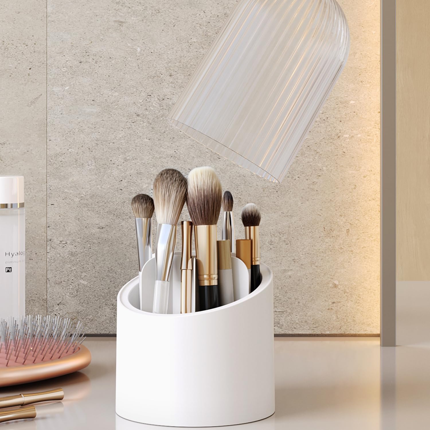 Deluxe Makyaj Fırçası Ve Kozmetik Düzenleyici Şeffaf Kapaklı Hijyenik Organizer (Beyaz)
