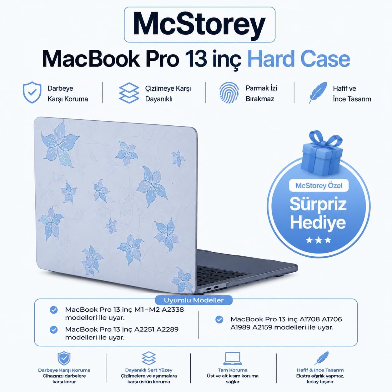 MacBook Pro 13 Çiçek Desenli Kılıf A1706 A1708 A1989 A2159 A2251 A2289 A2338 M1 M2 Uyumlu Baskılı Sert Kılıf İnce Hafif Koruyucu Kapak Açık Mavi