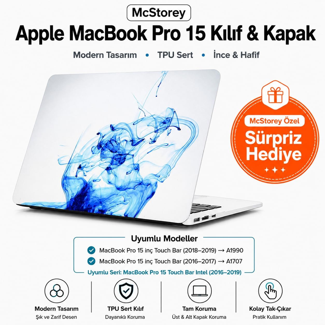 MacBook Pro 15 Renkli Desenli Kılıf A1707 A1990 Uyumlu Baskılı Sert Kılıf İnce Hafif Koruyucu Kapak Mavi
