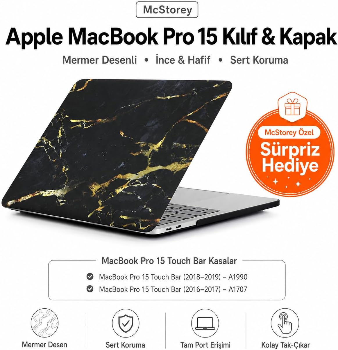 MacBook Pro 15 Mermer Desenli Kılıf A1707 A1990 Uyumlu İnce Hafif Sert Kapak Koruyucu Kılıf Siyah