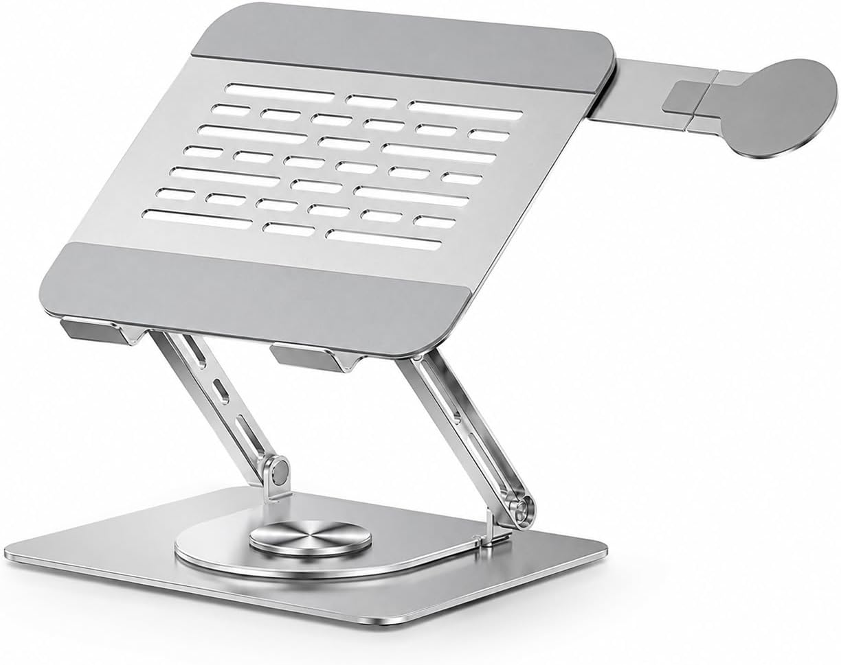 Laptop Stand Karbon Çelik 360° Döner Ergonomik Yükseklik Ayarlı Soğutucu MagSafe Uyumlu Telefon Tutuculu Gizlenebilir Notebook Tablet Uyumlu Gümüş