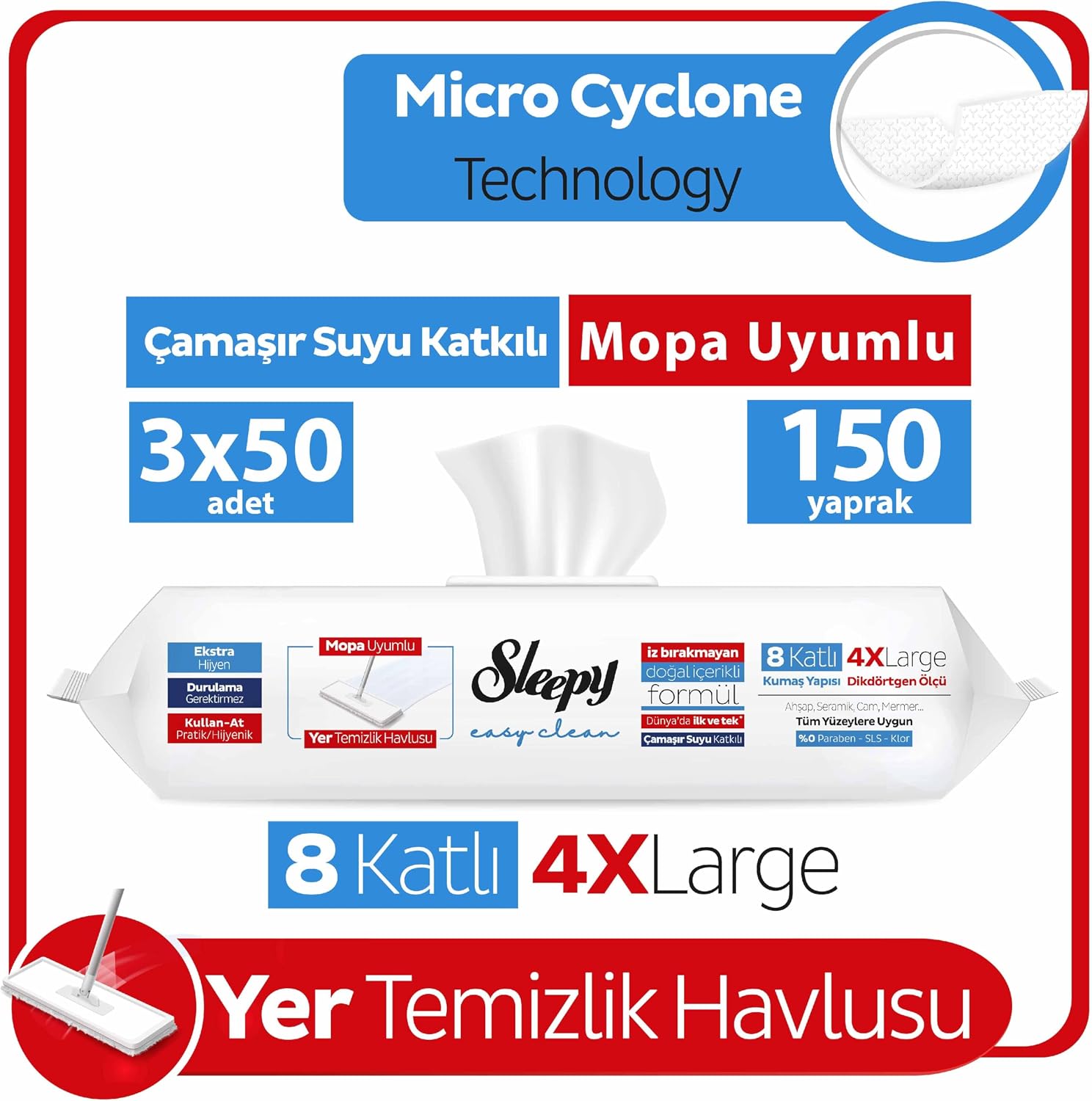 Easy Clean Çamaşır Suyu Katkılı Mopa Uyumlu Yer Temizlik Havlusu&Mendili 3x50 (150 Yaprak)