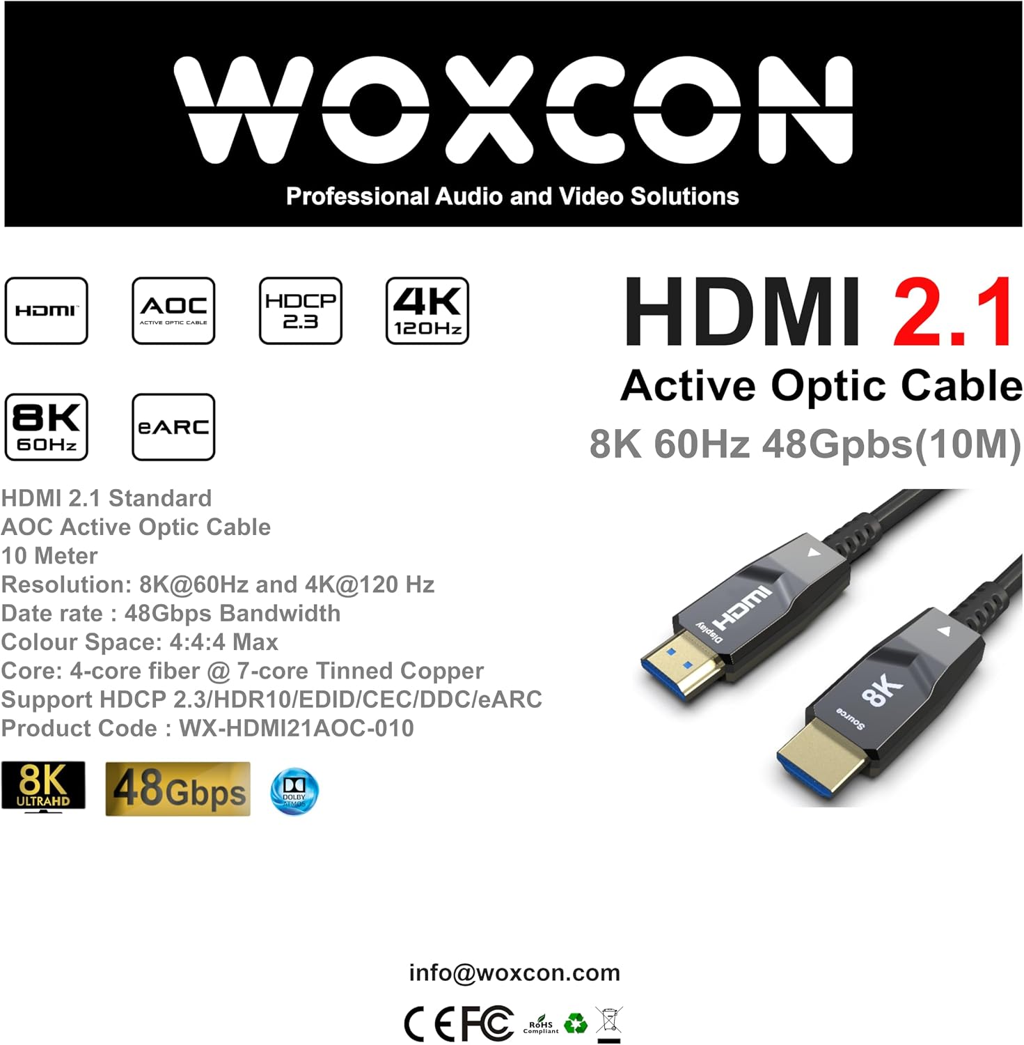 8K HDMI AOC Fiber Kablo - Hdmi 2.1 Standart - 48Gbps, 8K 60Hz, 4K 120Hz, 4K 60Hz, eARC, HDR, D-HDR, HDCP2.3, Dolby Vision, Dolby Atmos (10 Metre)