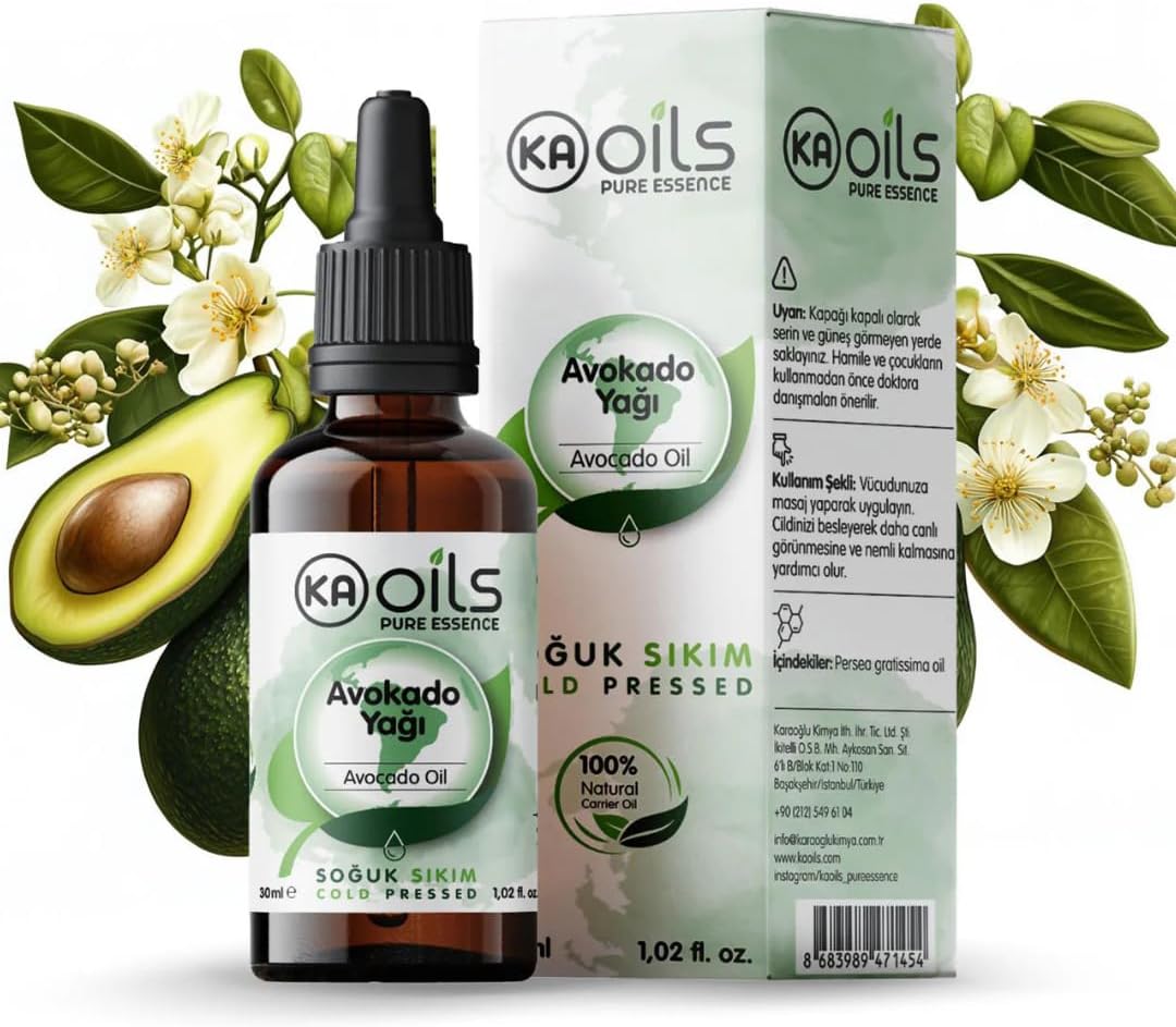 KAOils Avokado Yağı 30 ml | Soğuk Sıkım - 100% Pure & Natural Avocado Oil | Cilt & Saç İçin Yoğun Nemlendirici Bitkisel Yağ – E Vitamini ve Yağ Asitleri İçerir