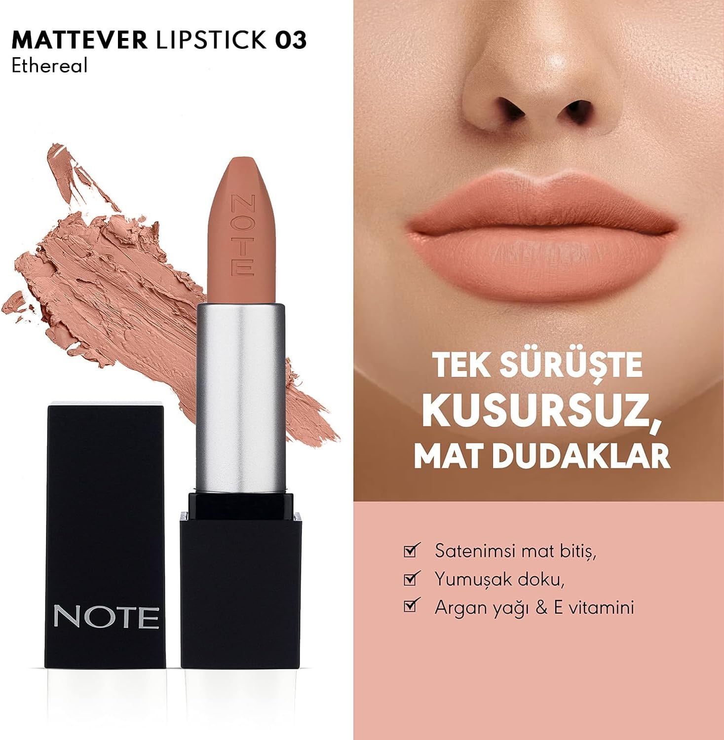 Cosmetics Mattever Lipstick 03 Ethereal Yarı Mat Saten Bitişli Ruj, Açık Nude