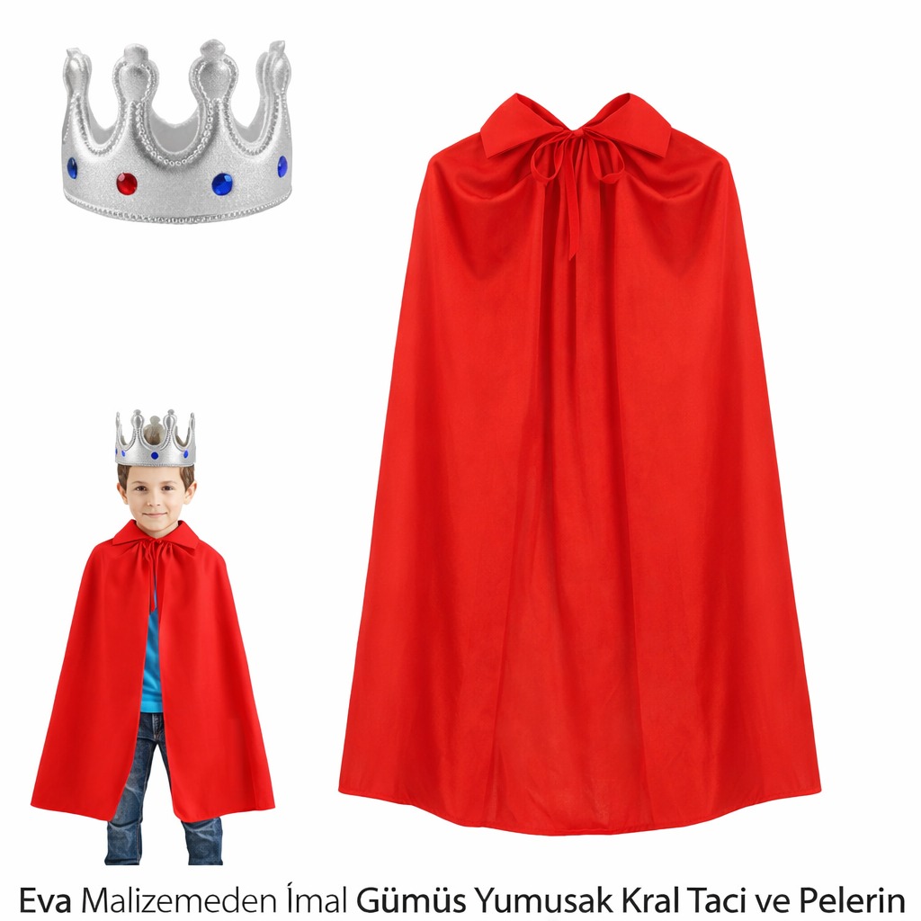 Çocuk Boy Kral Pelerini 90 cm ve Yumuşak Eva Kral Tacı Gümüş Renk