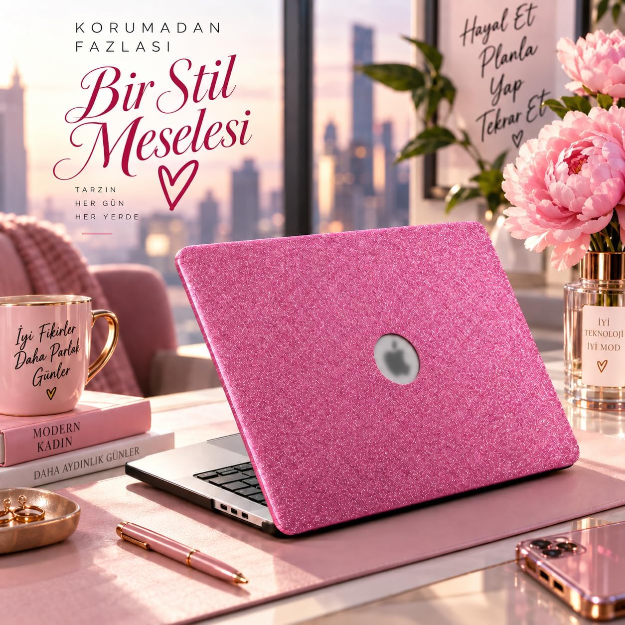 MacBook Air Kılıf 13.6 İnç M2 M3 M4 Uyumlu Premium Simli Kaplama TPU Sert Koruma İnce Hafif Parlak Yüzey Glitter Hardcase Darbe Önleyici Tasarım USB C Adaptör Hediyeli Açık Pembe