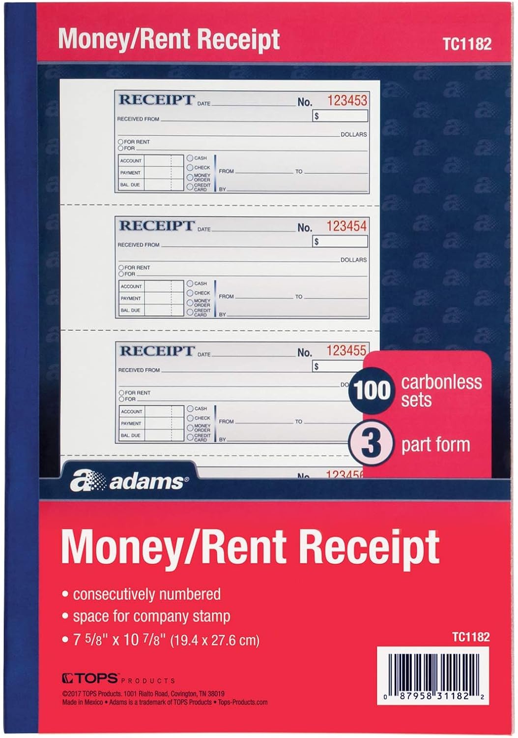 Business-forms TC1182 receipt kitap, 7 .63 X 11, üç parça CARBONLESS, 100 forms
