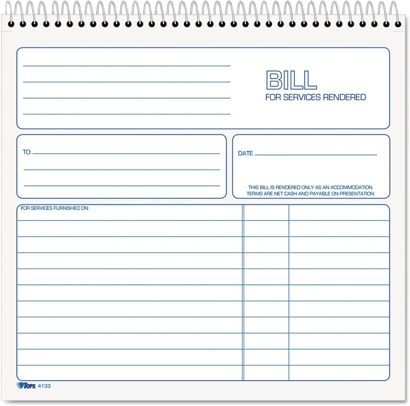 2-Part Carbonless Bill for Services Rendered Book, 22cm x 21cm, 50 Sheets, White, (4133)