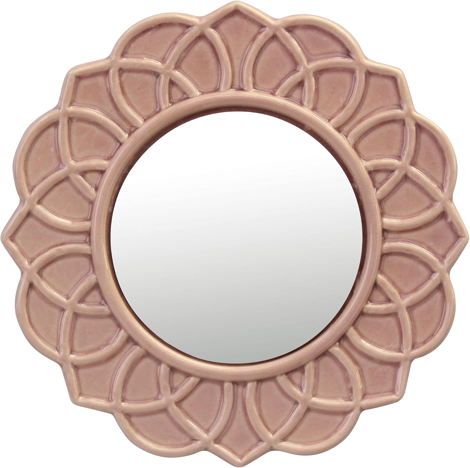 Dekoratif 9" Soluk Pembe Yuvarlak Çiçekli Seramik Vurgulu Duvar Aynası, Ekli Asma Halkalı Duvar Aynası, Oturma Odası, Yatak Odası, Banyo, Koridor ve Giriş Yolu için Dekoratif Dekor