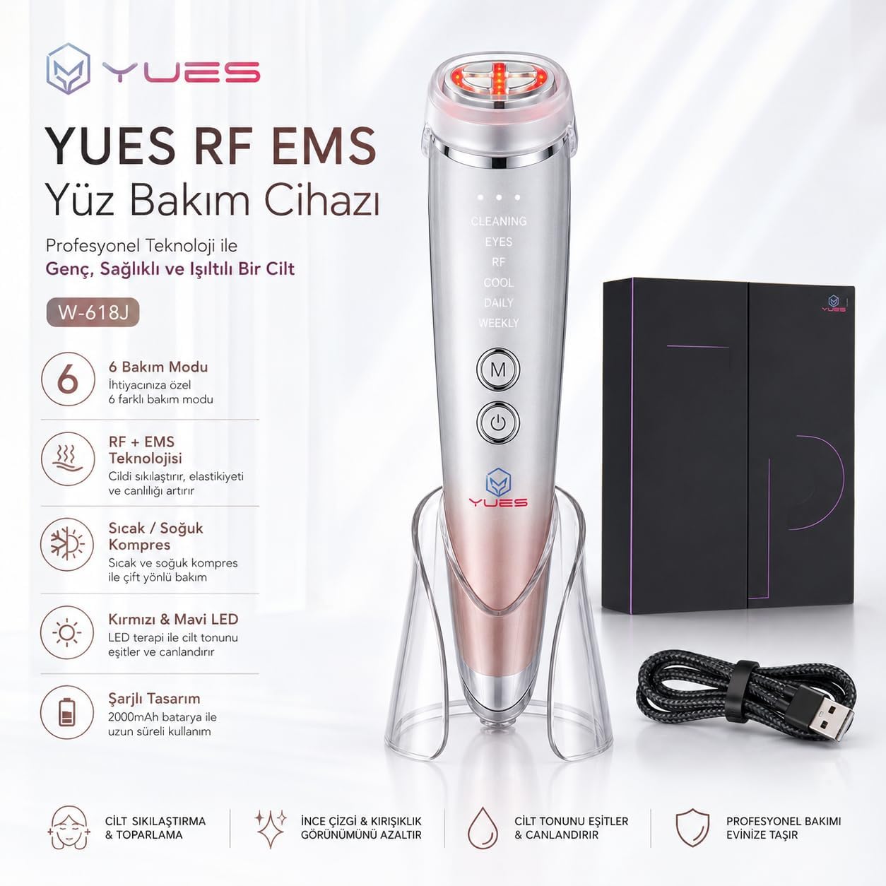 W-618J 6 Modlu RF EMS Yüz Bakım Cihazı, Kırmızı/Mavi LED, Sıcak-Soğuk Kompres, Titreşimli Şarjlı Cilt Masaj Aleti, Standlı