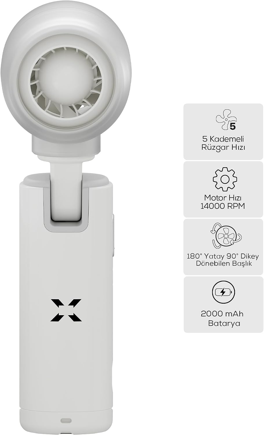 El Vantilatörü | Taşınabilir 14000 RPM 7 Saat Şarjlı 5 Kademe Mini Fan X6101 (Beyaz)