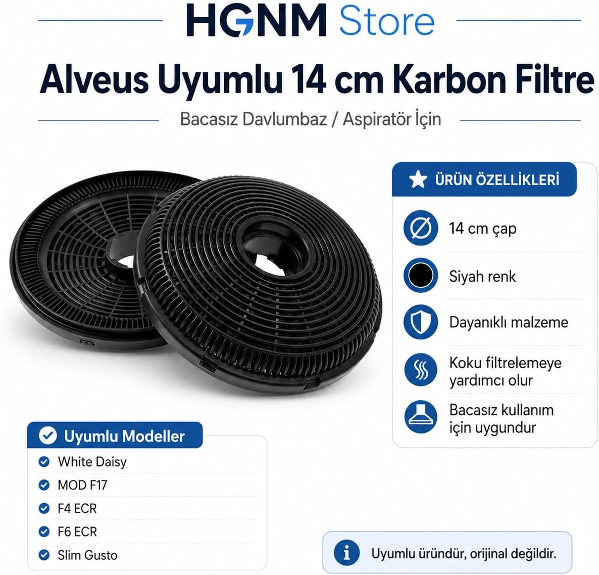 Alveus F17 F4 ECR F6 ECR Slim Gusto Uyumlu 14 cm Siyah Davlumbaz Karbon Filtre KB11
