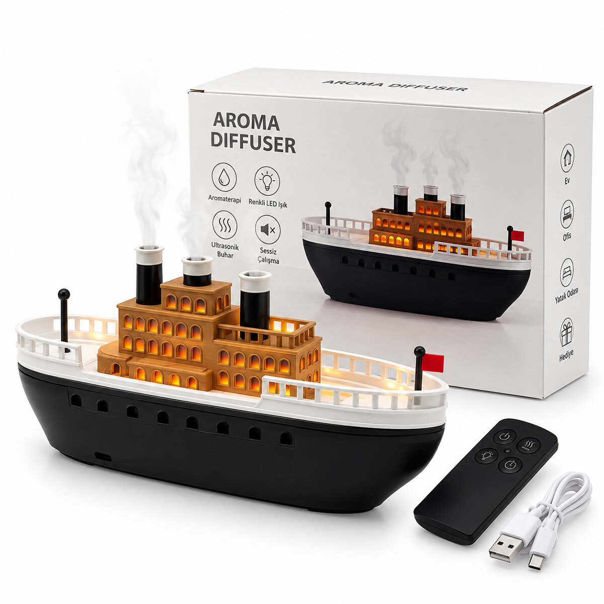Aroma Dıffuser Gemi Işıklı Hava Nemlendirici Buhar Makine - Koku Giderici 250ML KRD-8769