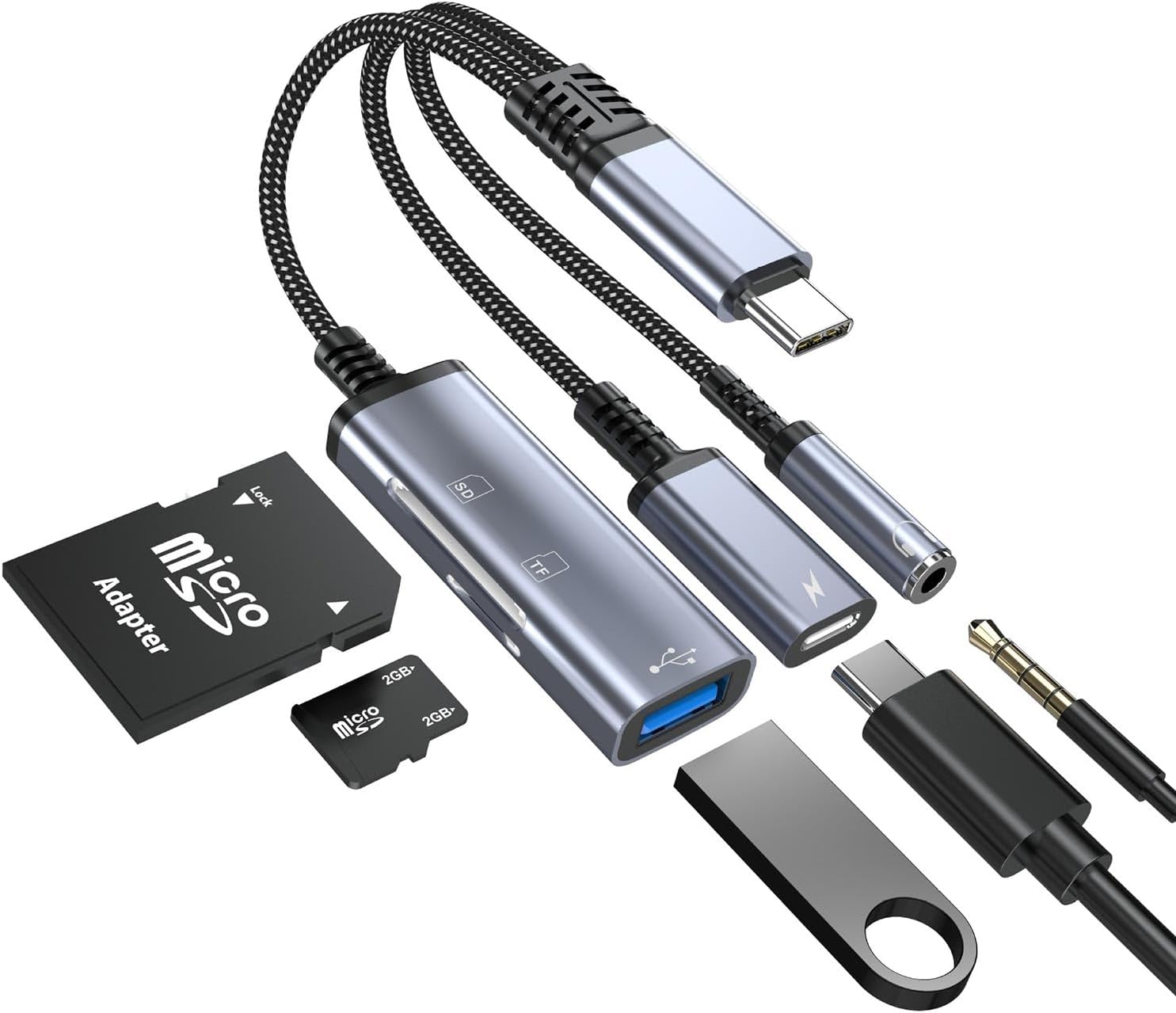 CR63 Type-C 5in1 Çok Fonksiyonlu OTG Hub – 60W PD Hızlı Şarj, 3.5mm Kulaklık Girişi, SD & Micro SD Kart Okuyucu ve USB 2.0 Adaptör