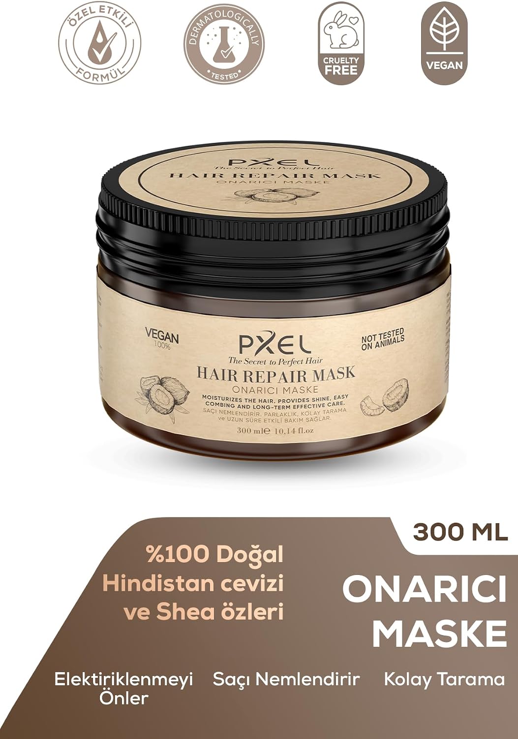 Onarıcı Saç Maskesi 300 ML – Hindistan Cevizi Yağı - Yıpranmış, Kuru ve Mat Saçlar İçin Derin Onarıcı ve Besleyici Maske - Parlaklık, Yumuşaklık ve Güç Sağlar - Vegan Formül