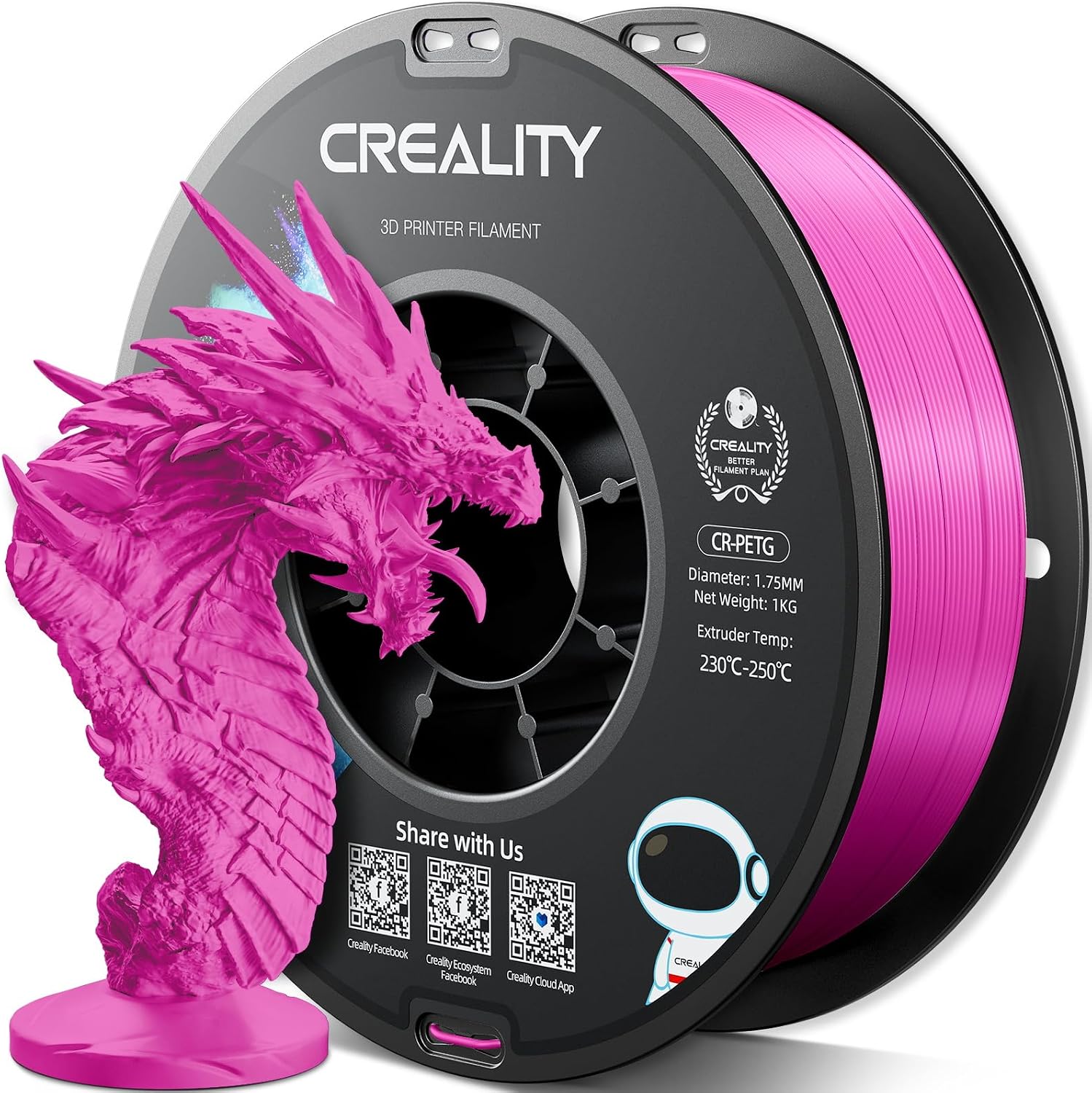 Resmi Creality PETG 3D Yazıcı Filament 1,75 mm 1 KG (2,2 lbs), Yüksek Hassasiyetli Güçlü Tokluk, Kokusuz Daha İyi Akış Nem Geçirmez 3D Baskı Ender Filament (Macenta)