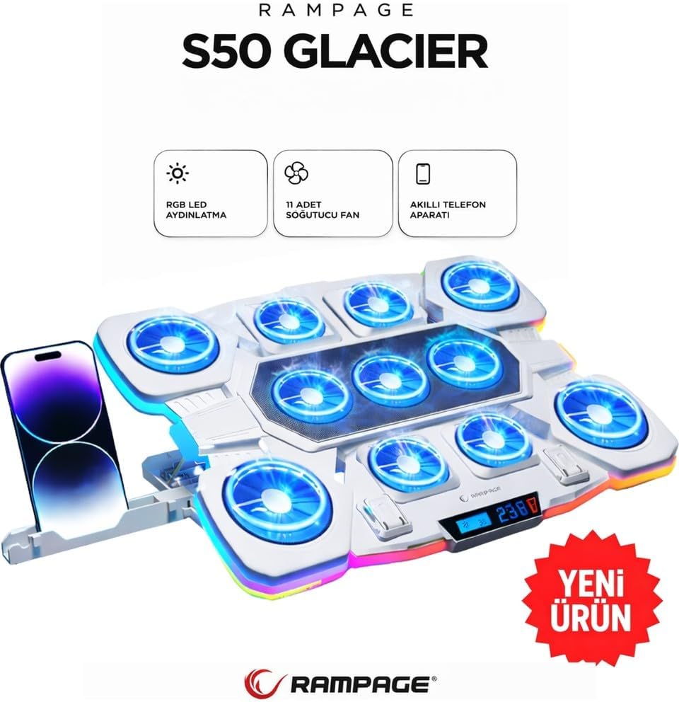 S50 Glacier Beyaz Rgb Işıklı 11 Fanlı LCD Göstergeli 1 Type C 1 USB Girişli Yükselebilen Notebook Soğutucu