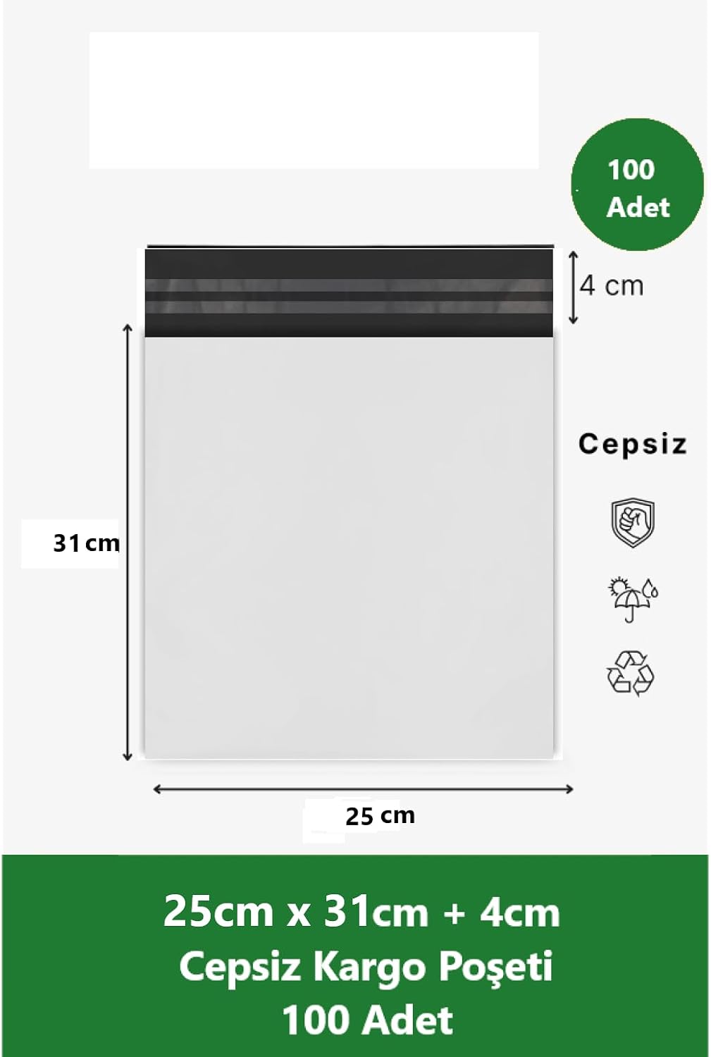 Cepsiz Kargo Poşeti | 25 x 31+4 cm | 100 Adet | Beyaz | Orta Boy