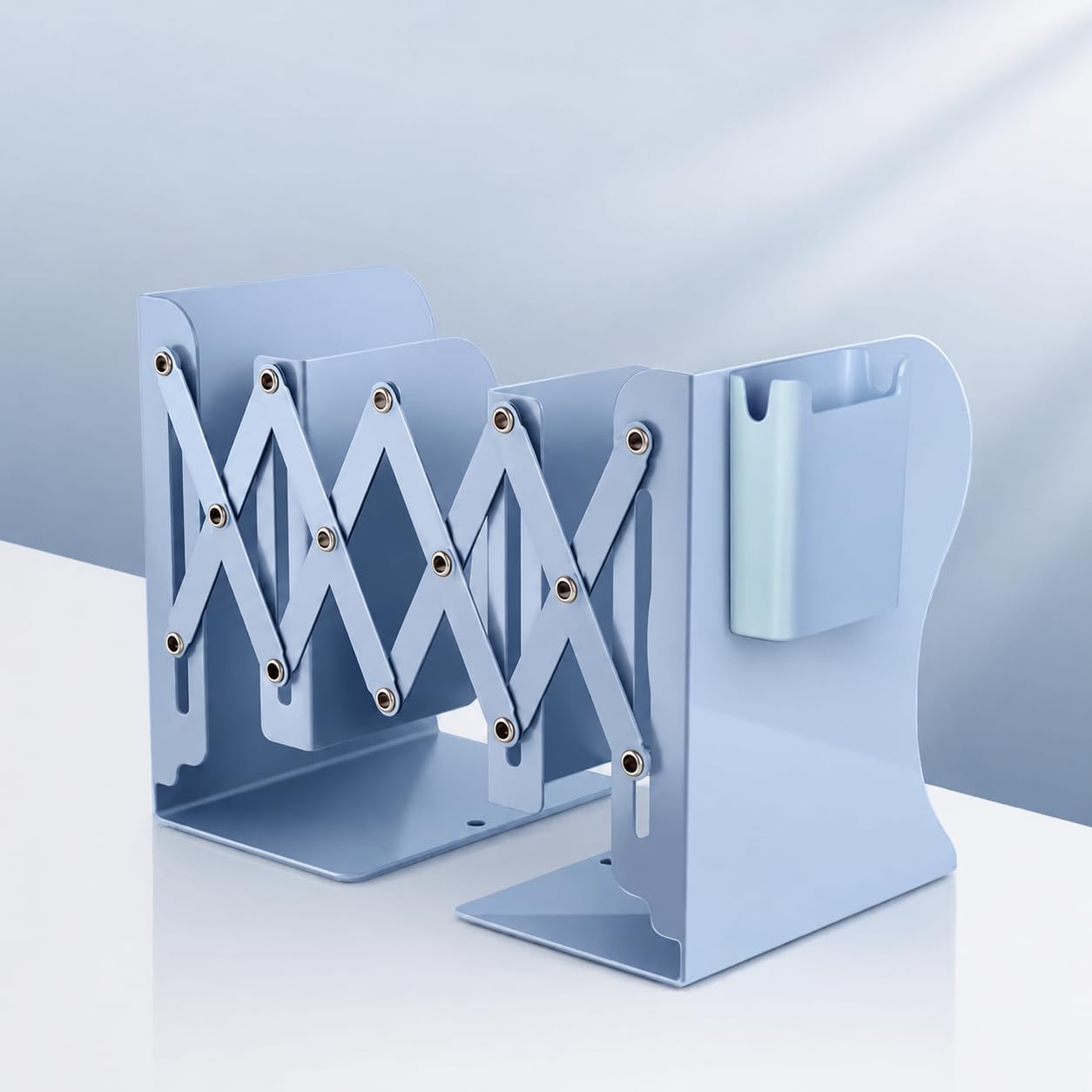 Ayarlanabilir Teleskopik Metal Kitap Tutucu, Masaüstü Kitap Desteği ve Raf Düzenleyici Stand, 9-42 cm Genişleyebilir, Mıknatıslı Kalemlik Hediyeli (Mavi)