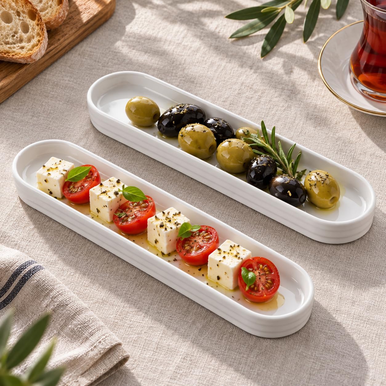 Porselen Oval Tabak 2’li Set, 26,2 × 7 × 1,9 cm, Beyaz İnce Uzun Zeytinlik, Kahvaltılık Peynir Meze ve Atıştırmalık Sunum Servis Tabağı, 2 Adet