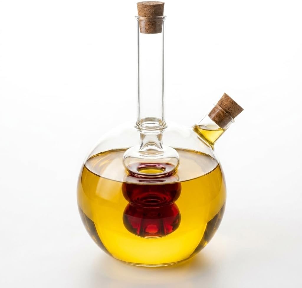 Borosilikat Cam Çift Bölmeli Yağlık ve Sirkelik 350 ml, İç ve Dış Hazneli 2’si 1 Arada Şeffaf Servis Şişesi, İki Ayrı Ağızlı Mantar Tıpalı Yuvarlak Tasarım