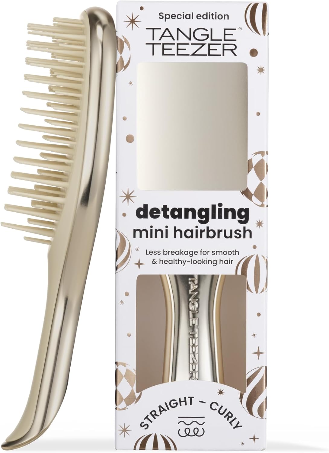 Mini Ultimate Detangler Chrome Saç Açıcı Fırça Islak ve Kuru Saçlar İçin Champagne Gold Patentli Çift Katmanlı Diş Teknolojisi Seyahat Boyu
